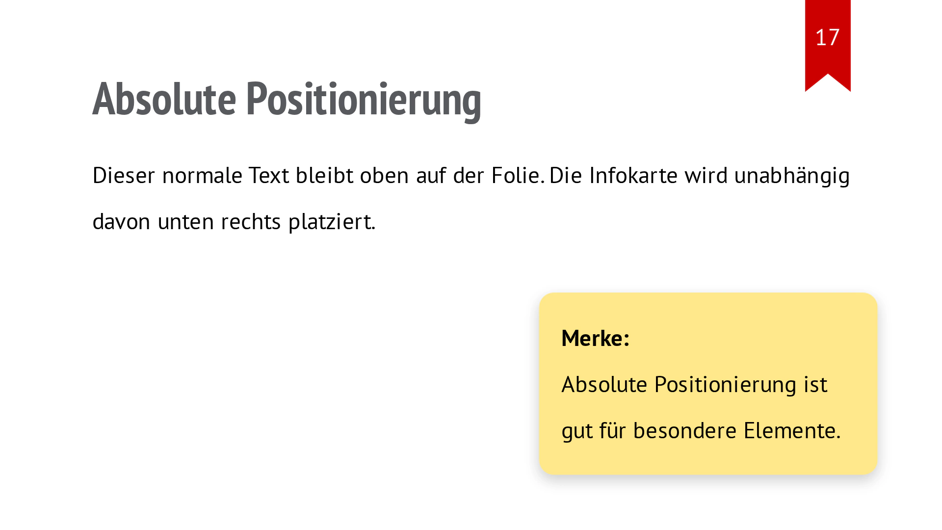 Eine farbige Infokarte liegt un­ab­hän­gig vom Text am rechten unteren Folienrand.
