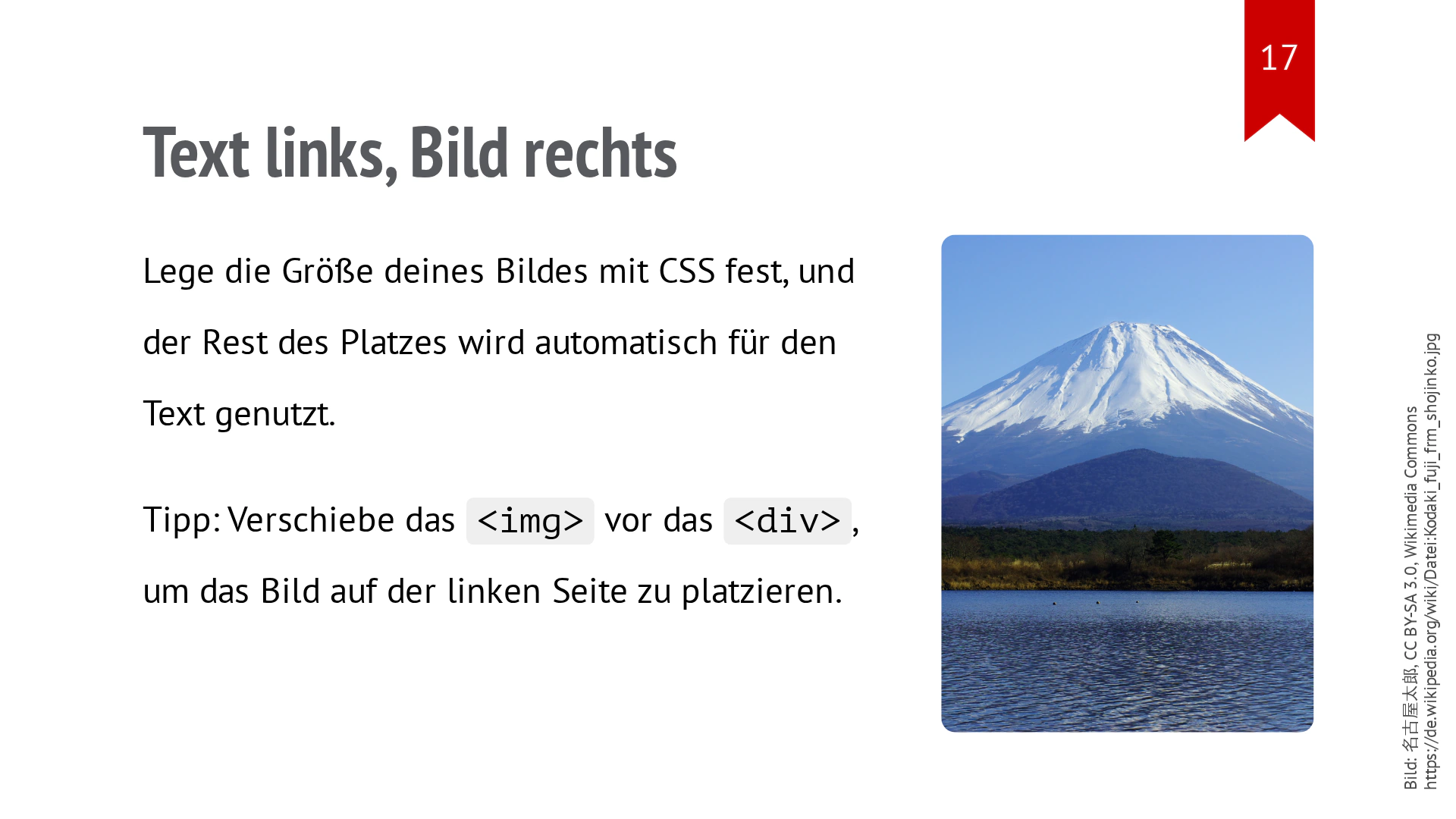 Zwei Textabsätze stehen links, ein hohes Fuji-Foto rechts.