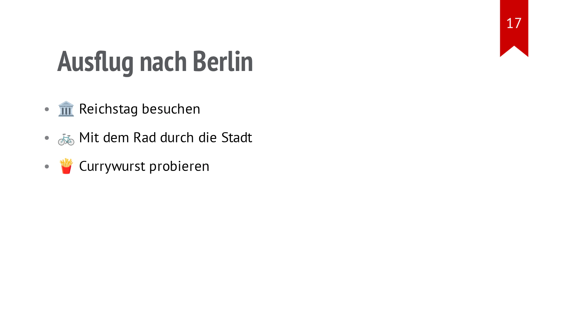 Folie „Unser Ausflug nach Berlin“ mit Stationen, Zeiten und kleinen Symbolen.