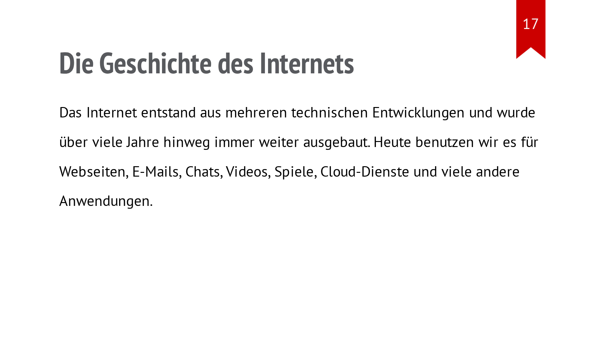 Folie „Kurze Geschichte des Internets“ mit einer nummerierten Zeitleiste.