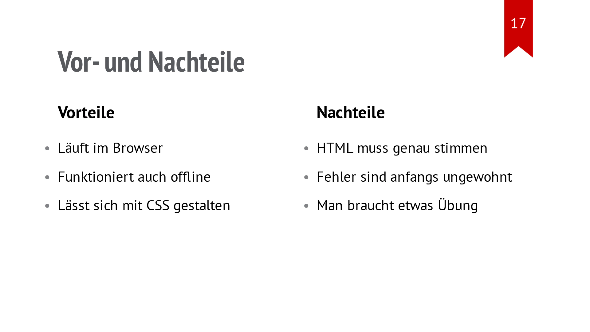 Eine Pro-Liste und eine Contra-Liste stehen in zwei Spalten nebeneinander.