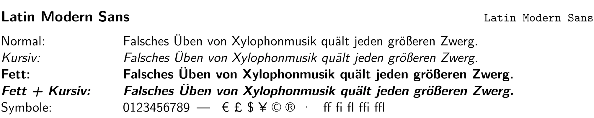 Schriftprobe in Latin Modern Sans mit Überschrift, Fließtext und Beispielzeichen.