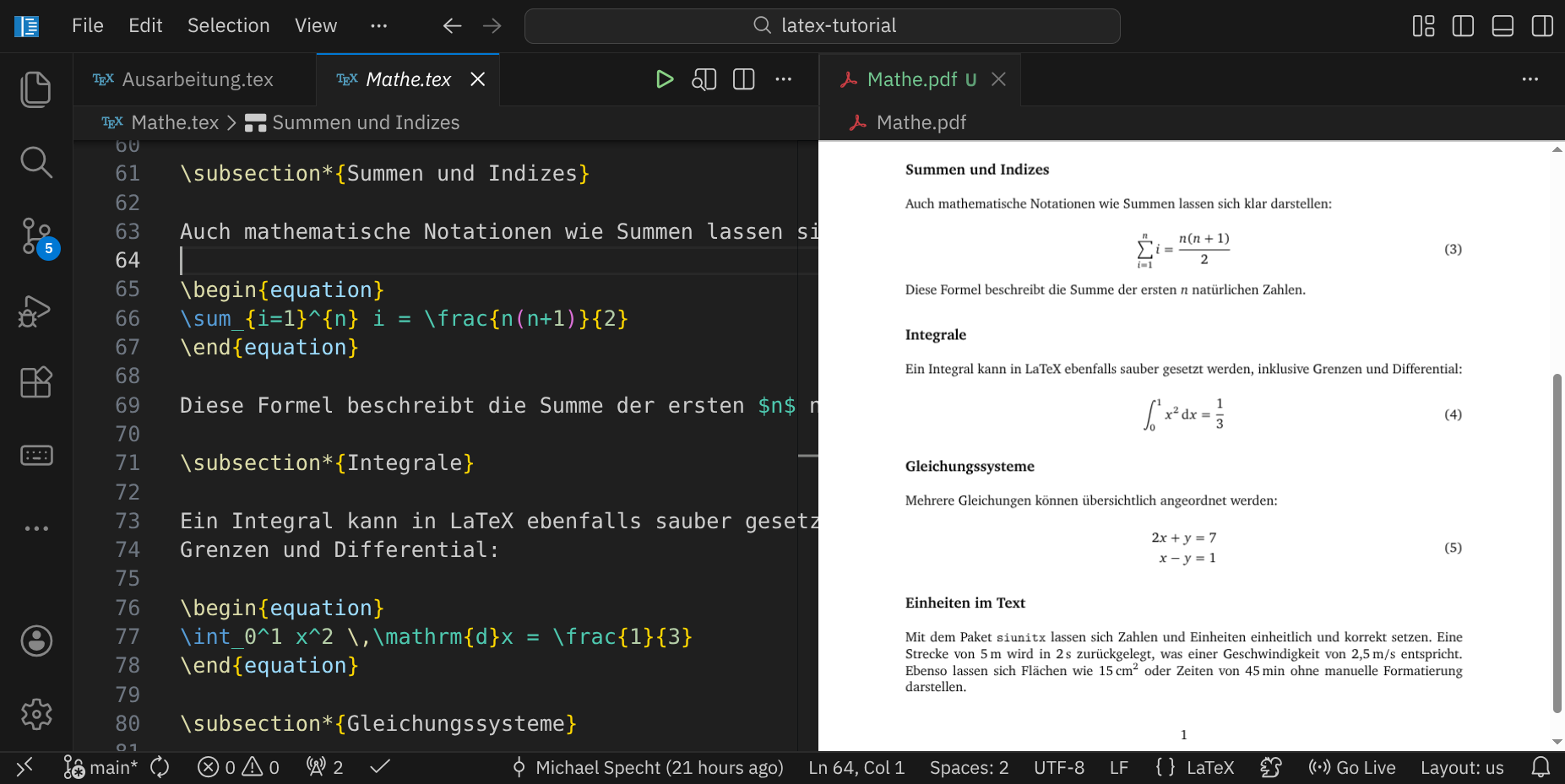 Eine PDF-Seite mit Beispielen für Brüche, Wurzeln, Summen, Integrale, Matrizen und Fallunterscheidungen.