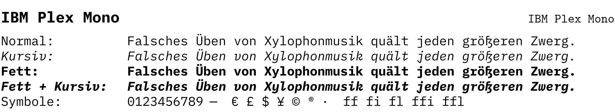 Schriftprobe in IBM Plex Mono mit Überschrift, Fließtext und Beispielzeichen.