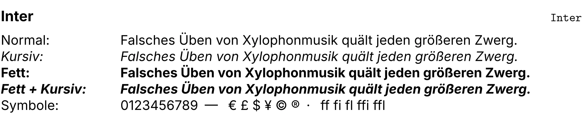 Schriftprobe in Inter mit Überschrift, Fließtext und Beispielzeichen.