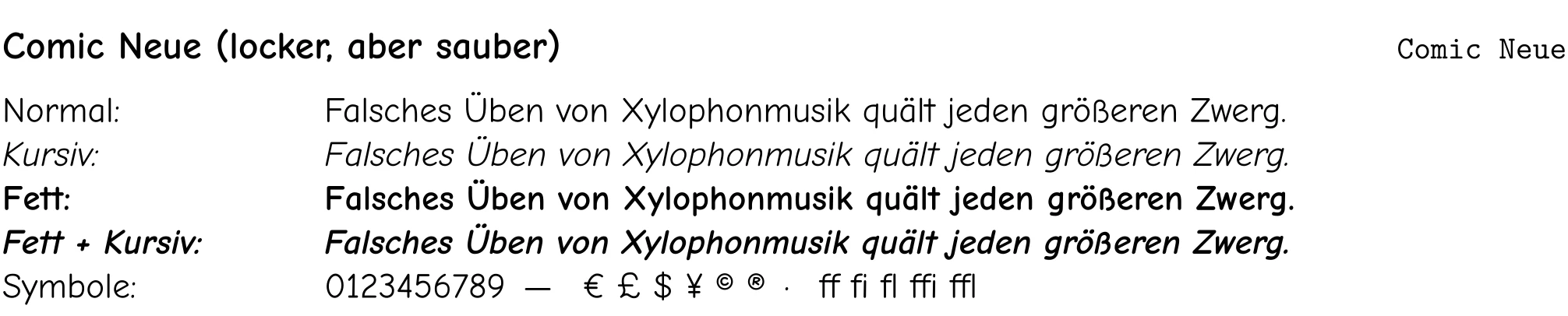 Schriftprobe in Comic Neue mit Überschrift, Fließtext und Beispielzeichen.