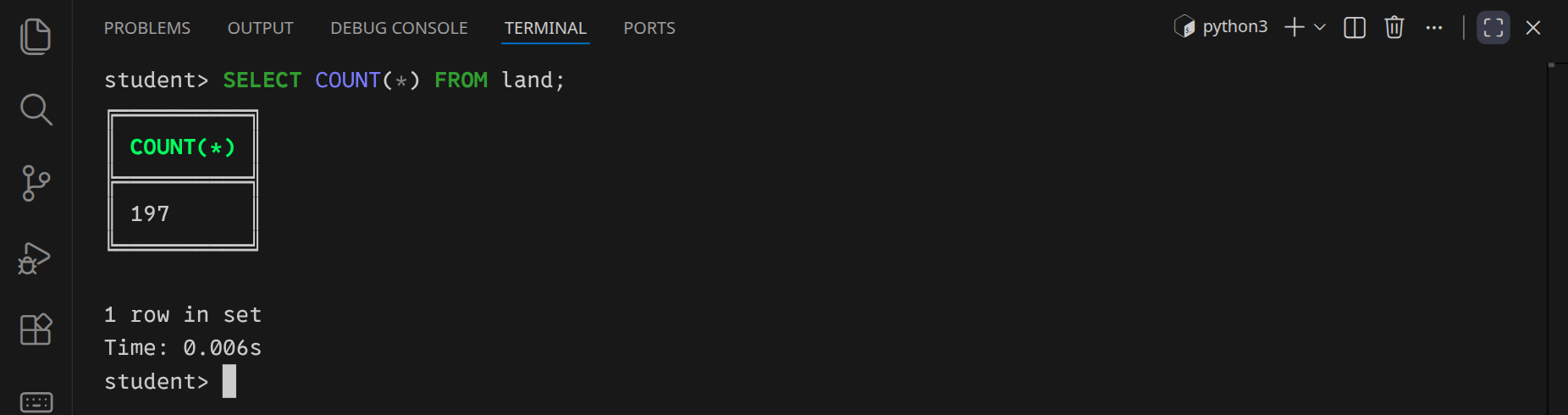 COUNT zählt die Zeilen der Tabelle land.