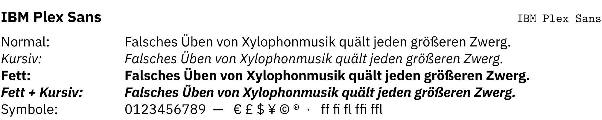 Schriftprobe in IBM Plex Sans mit Überschrift, Fließtext und Beispielzeichen.