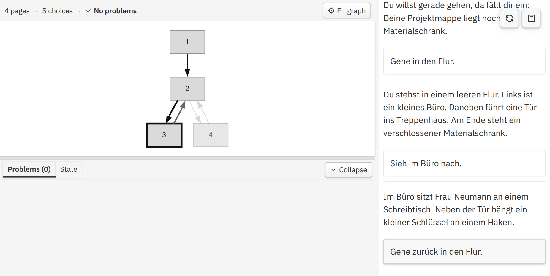 Der Story-Graph verzweigt sich vom Flur zu Büro und Treppenhaus.