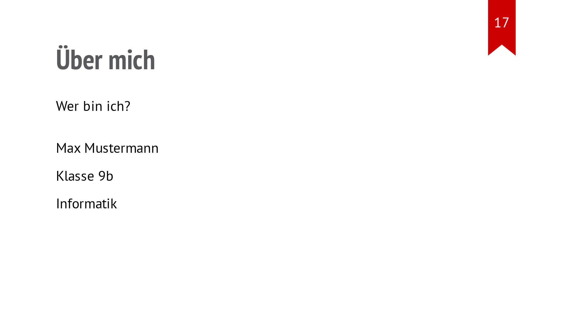 Folie „Über mich“ mit einer kurzen persönlichen Vorstellung.