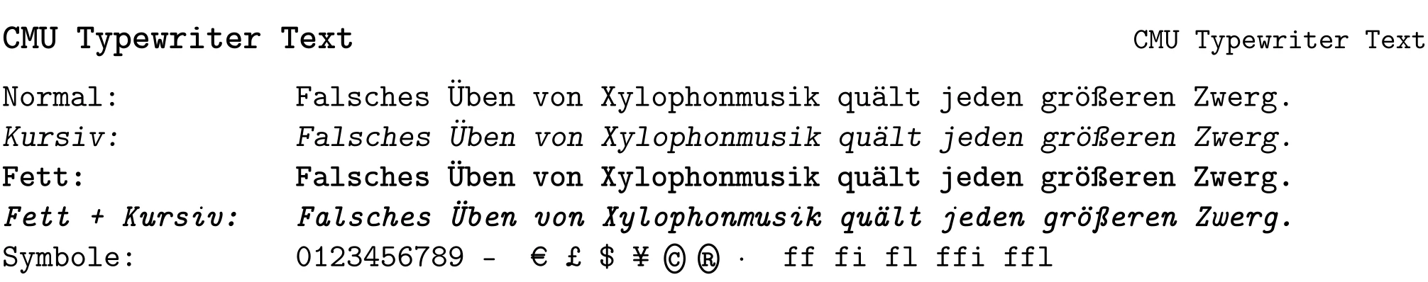 Schriftprobe in CMU Typewriter Text mit Überschrift, Fließtext und Beispielzeichen.