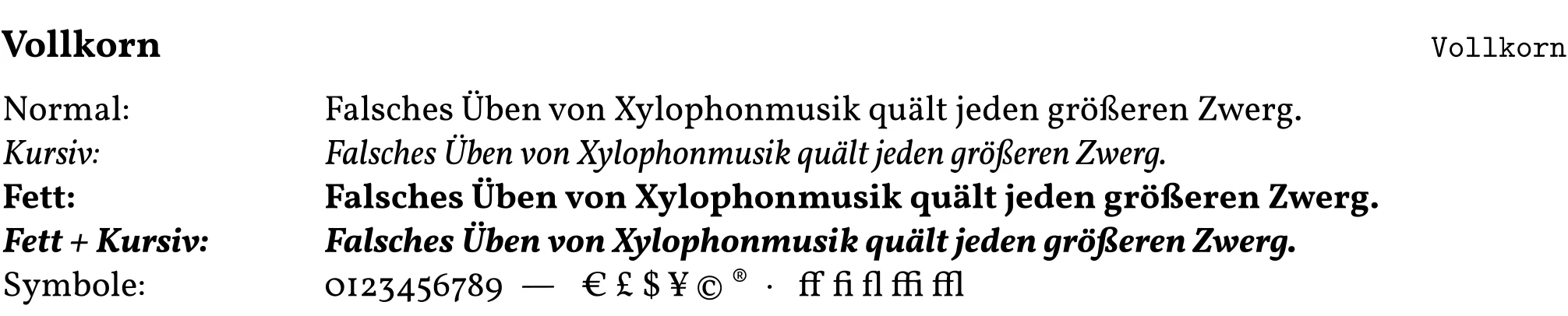Schriftprobe in Vollkorn mit Überschrift, Fließtext und Beispielzeichen.