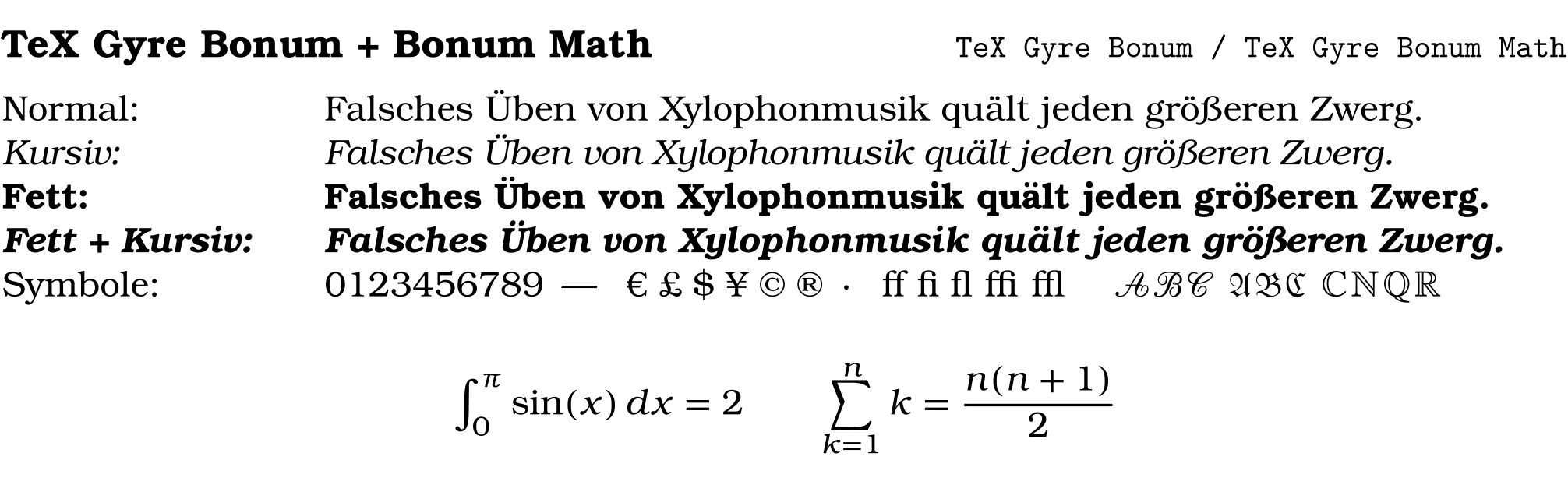 Schriftprobe in TeX Gyre Bonum Math mit Fließtext und mathematischen Formeln.