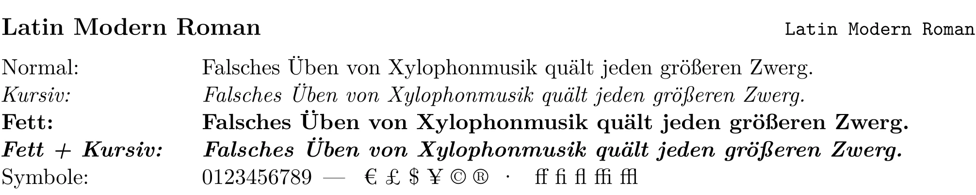 Schriftprobe in Latin Modern Roman mit Überschrift, Fließtext und Beispielzeichen.