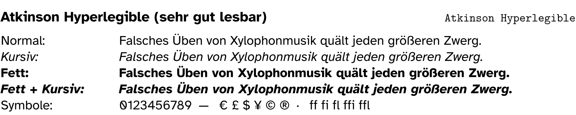 Schriftprobe in Atkinson Hyperlegible mit Überschrift, Fließtext und Beispielzeichen.