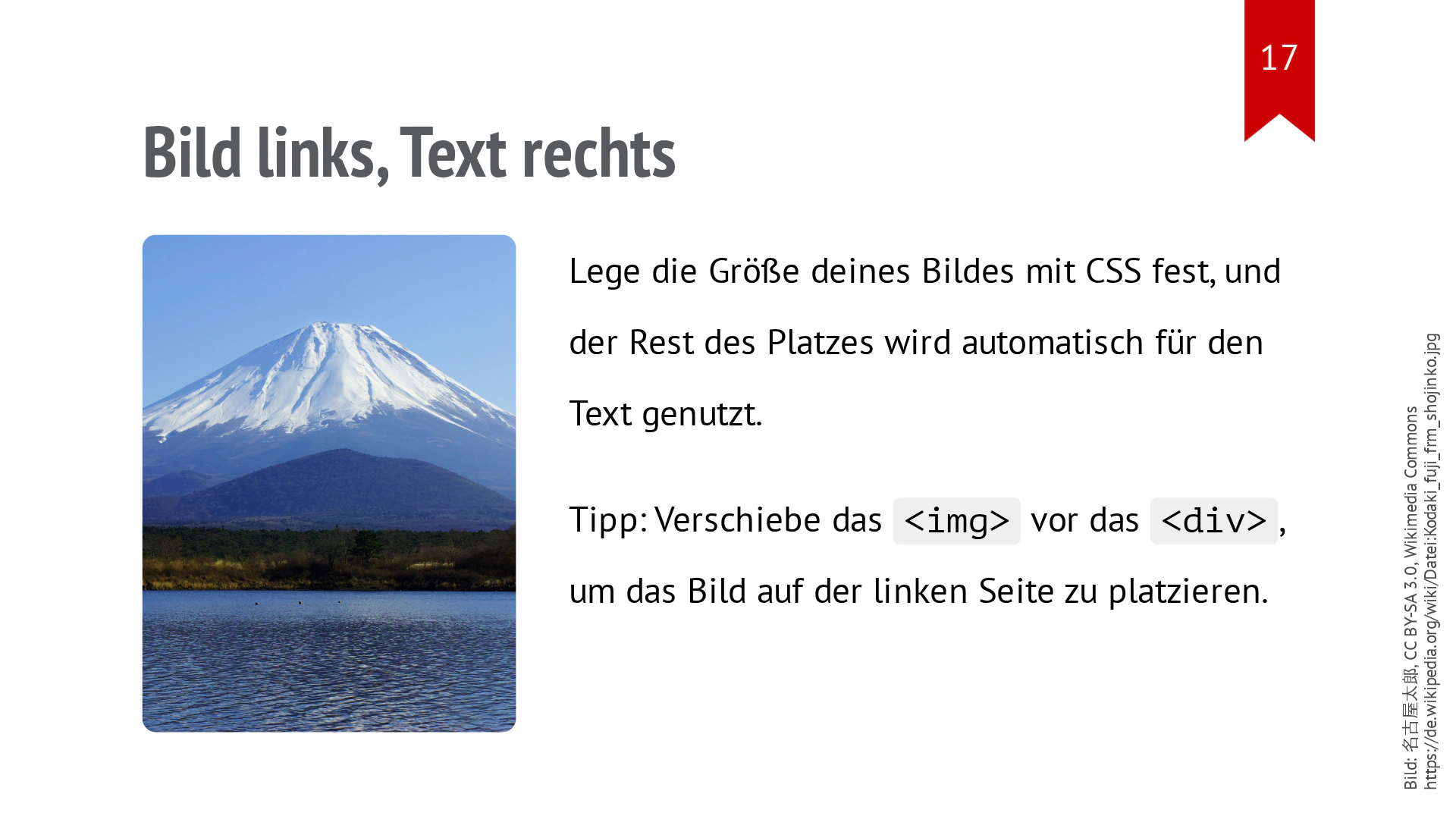 Ein hohes Fuji-Foto steht links, zwei Textabsätze rechts.