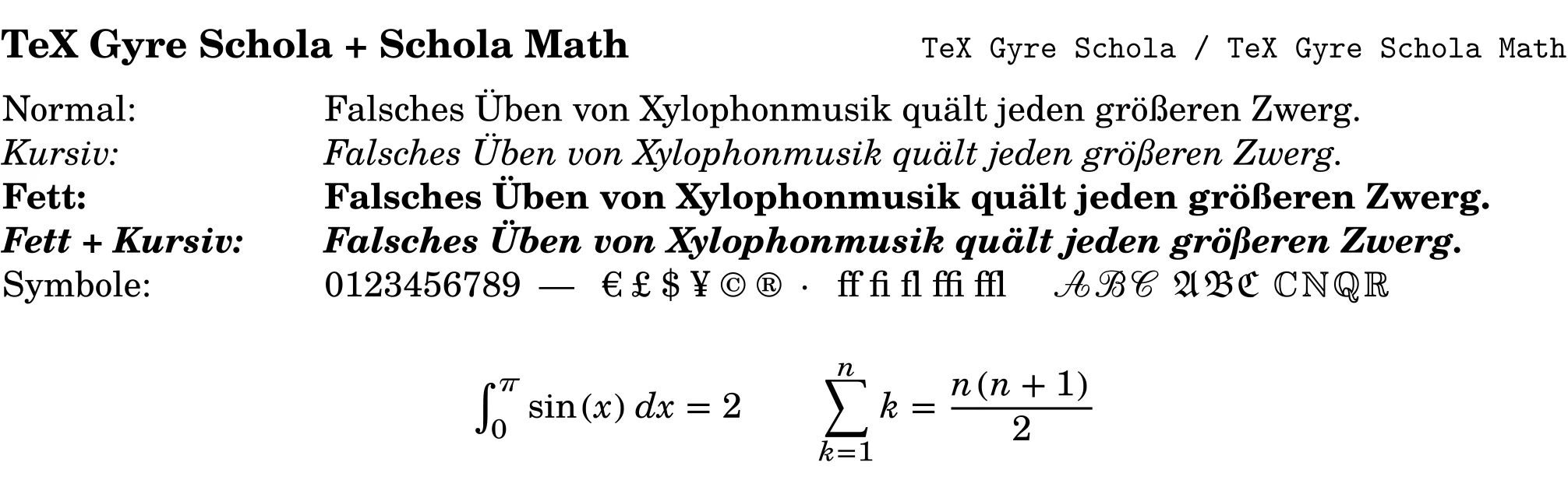 Schriftprobe in TeX Gyre Schola Math mit Fließtext und mathematischen Formeln.