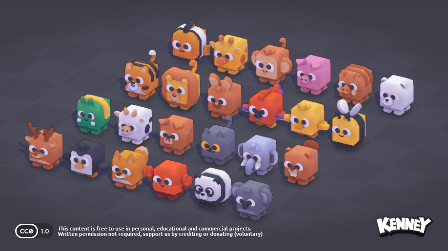 Mehrere würfelförmige Tierfiguren des Cube Pets Kits.