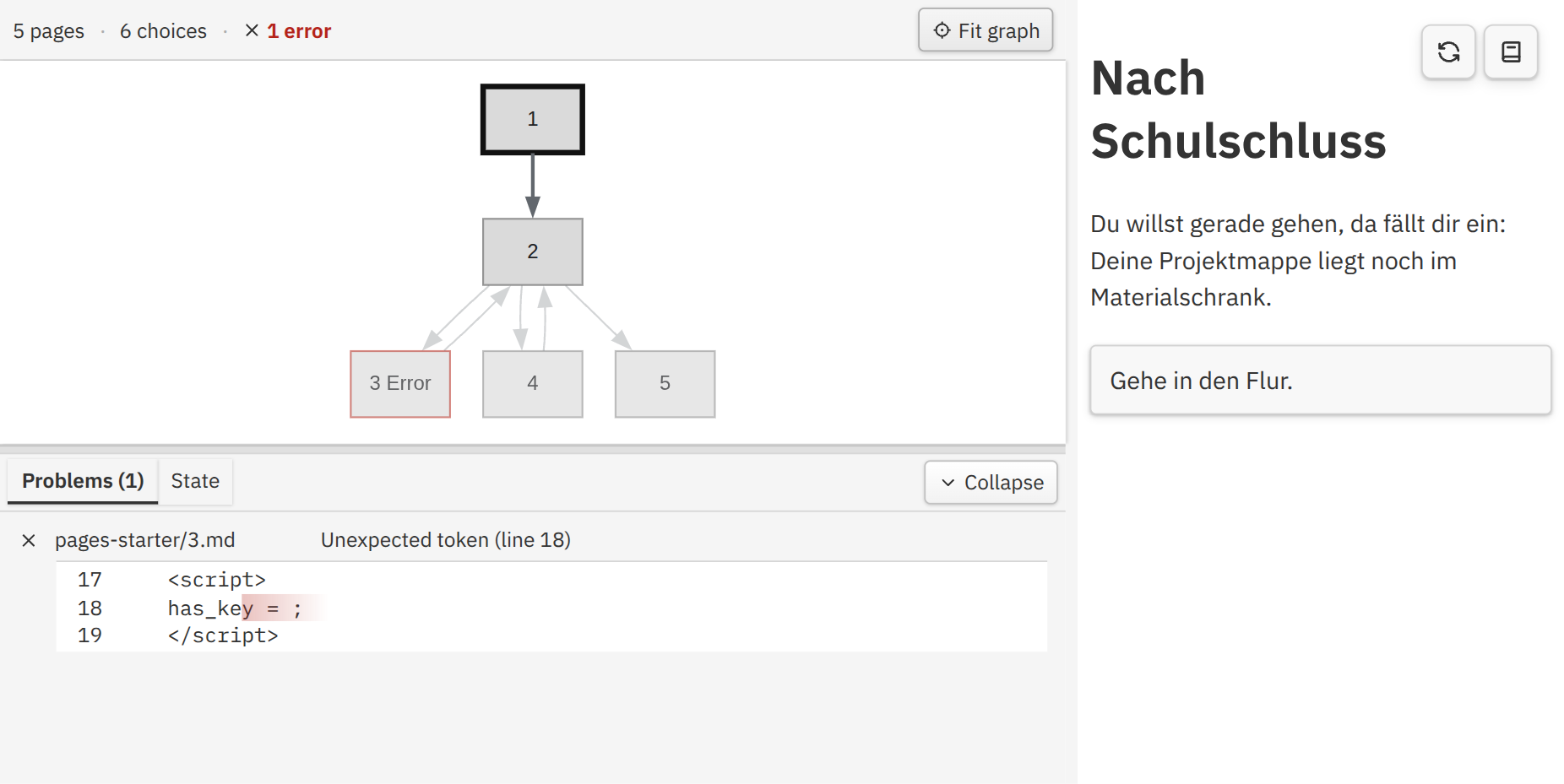 Der Problems-Bereich meldet den JavaScript-Syntaxfehler; die betroffene Seite ist im Graphen rot markiert.