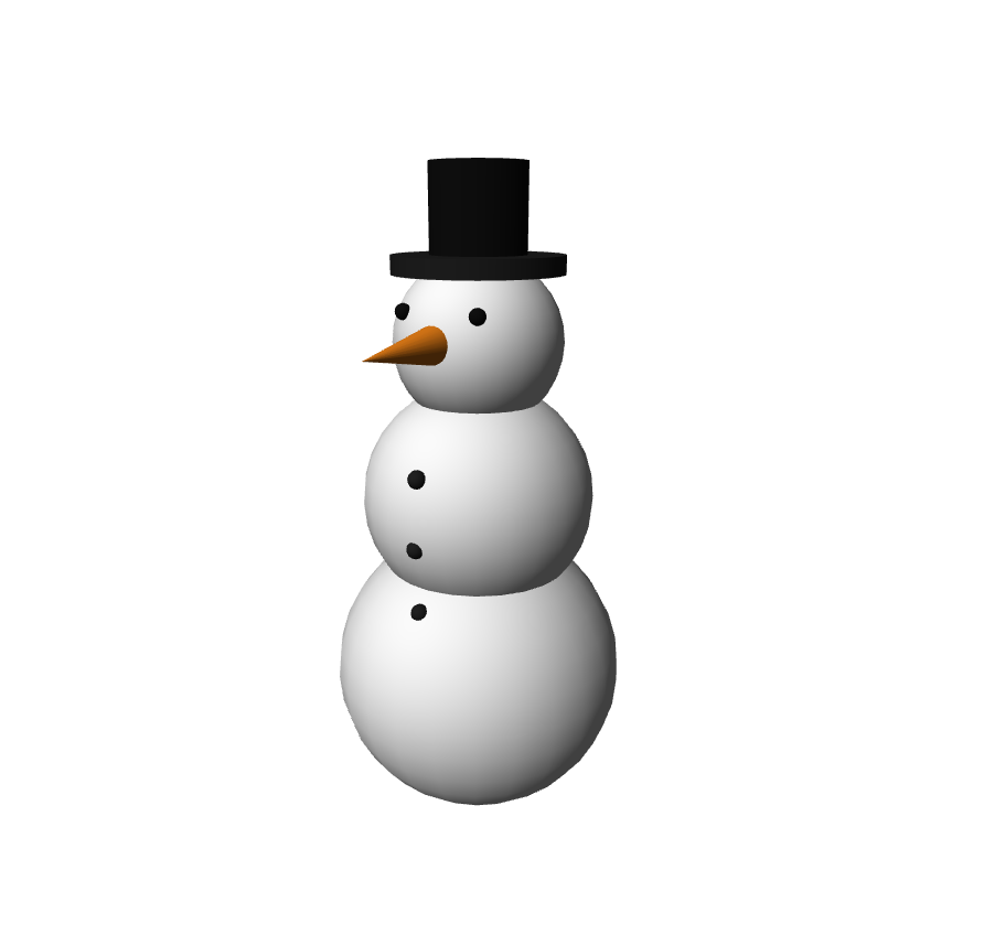 Ein Schneemann aus weißen Kugeln mit schwarzem Hut und orangefarbener Nase.