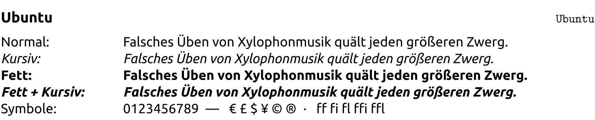 Schriftprobe in Ubuntu mit Überschrift, Fließtext und Beispielzeichen.
