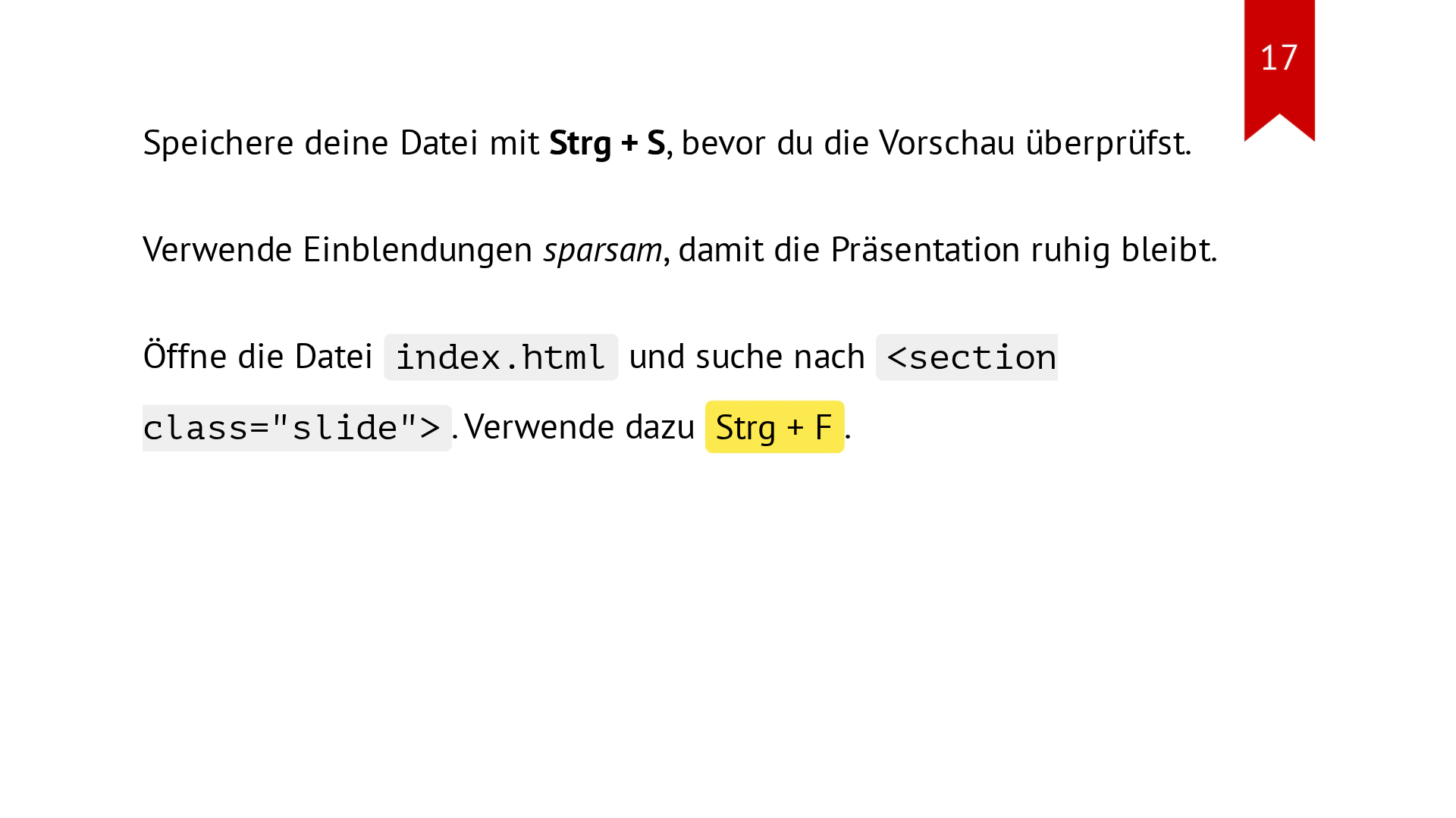 Folie mit einem fett hervorgehobenen Speicherhinweis und einem schrittweise eingeblendeten Tipp.