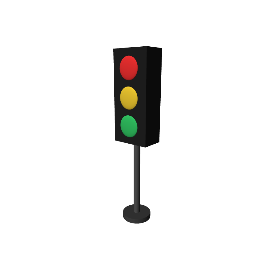 Eine dreidimensionale Ampel mit rotem, gelbem und grünem Licht.