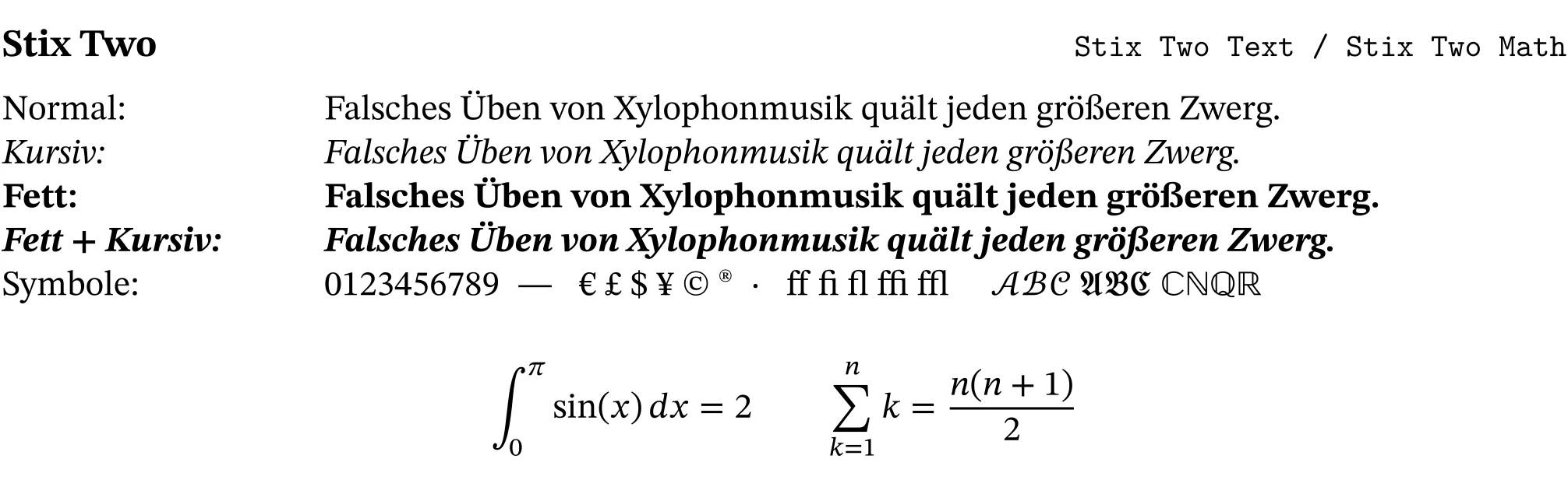 Schriftprobe in STIX Two Math mit Fließtext und mathematischen Formeln.