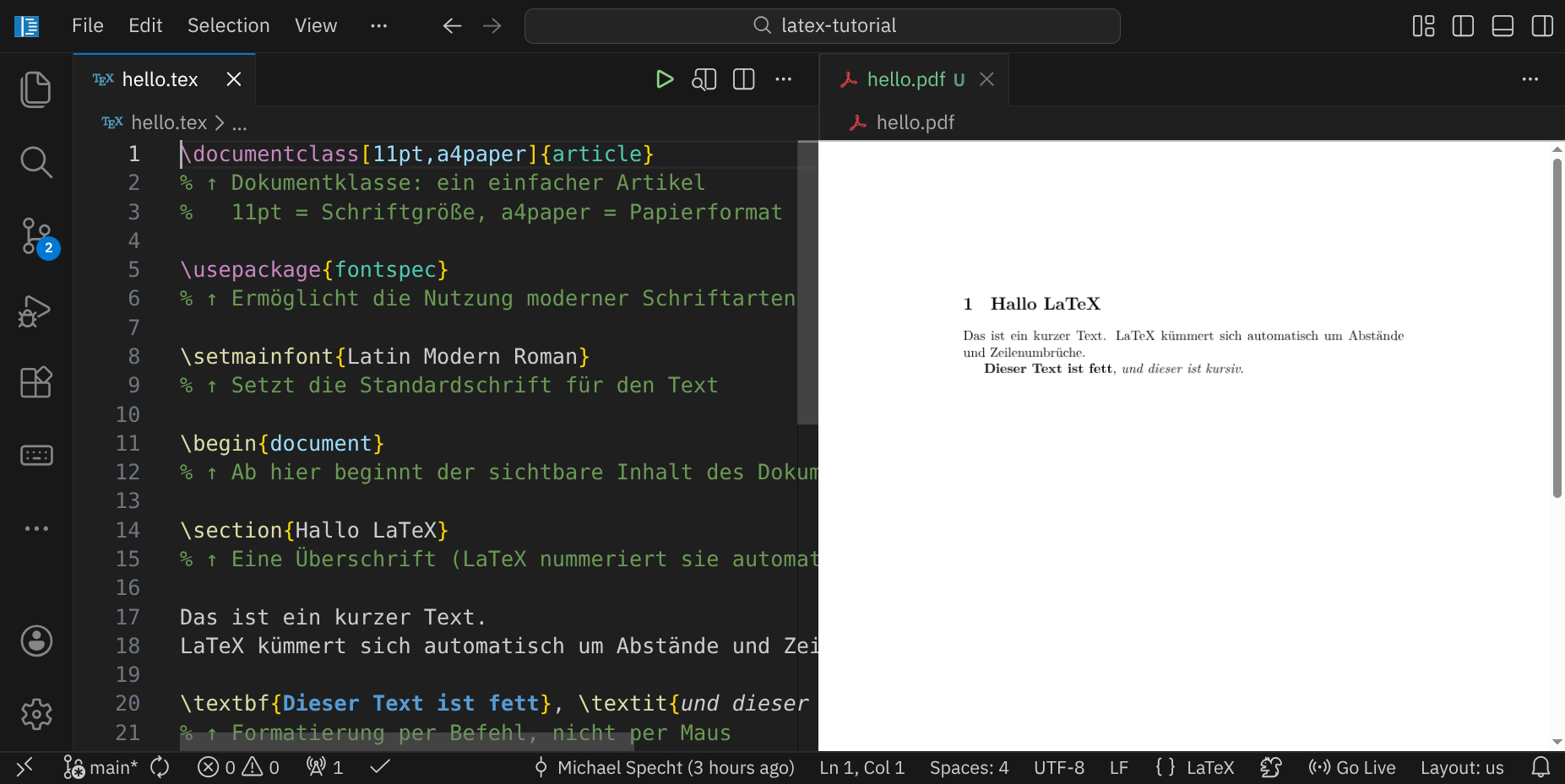 LaTeX-Quelltext und die daraus erzeugte PDF-Vorschau stehen nebeneinander.