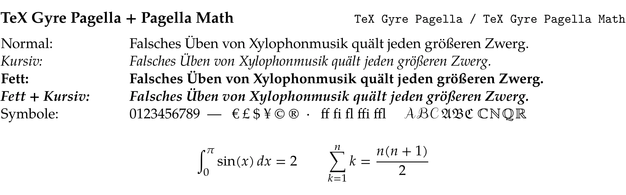 Schriftprobe in TeX Gyre Pagella Math mit Fließtext und mathematischen Formeln.