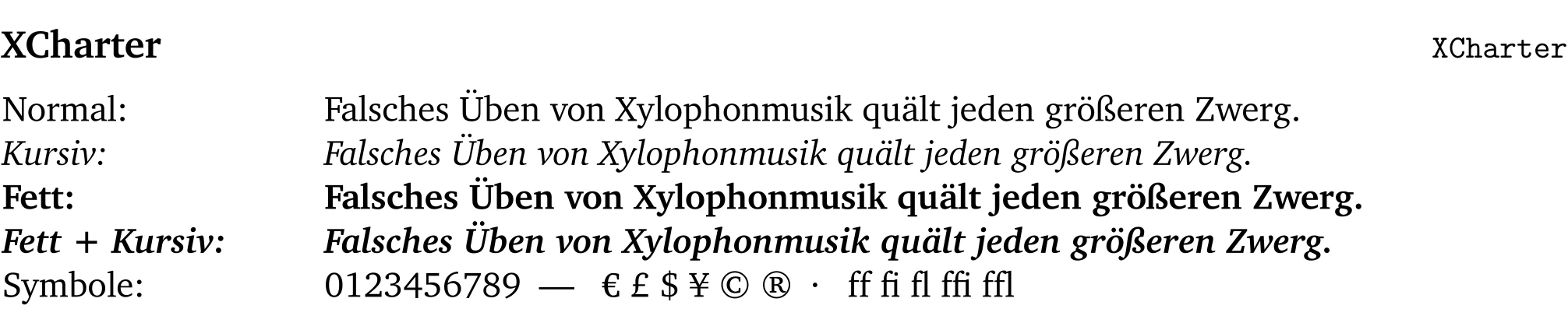 Schriftprobe in XCharter mit Überschrift, Fließtext und Beispielzeichen.