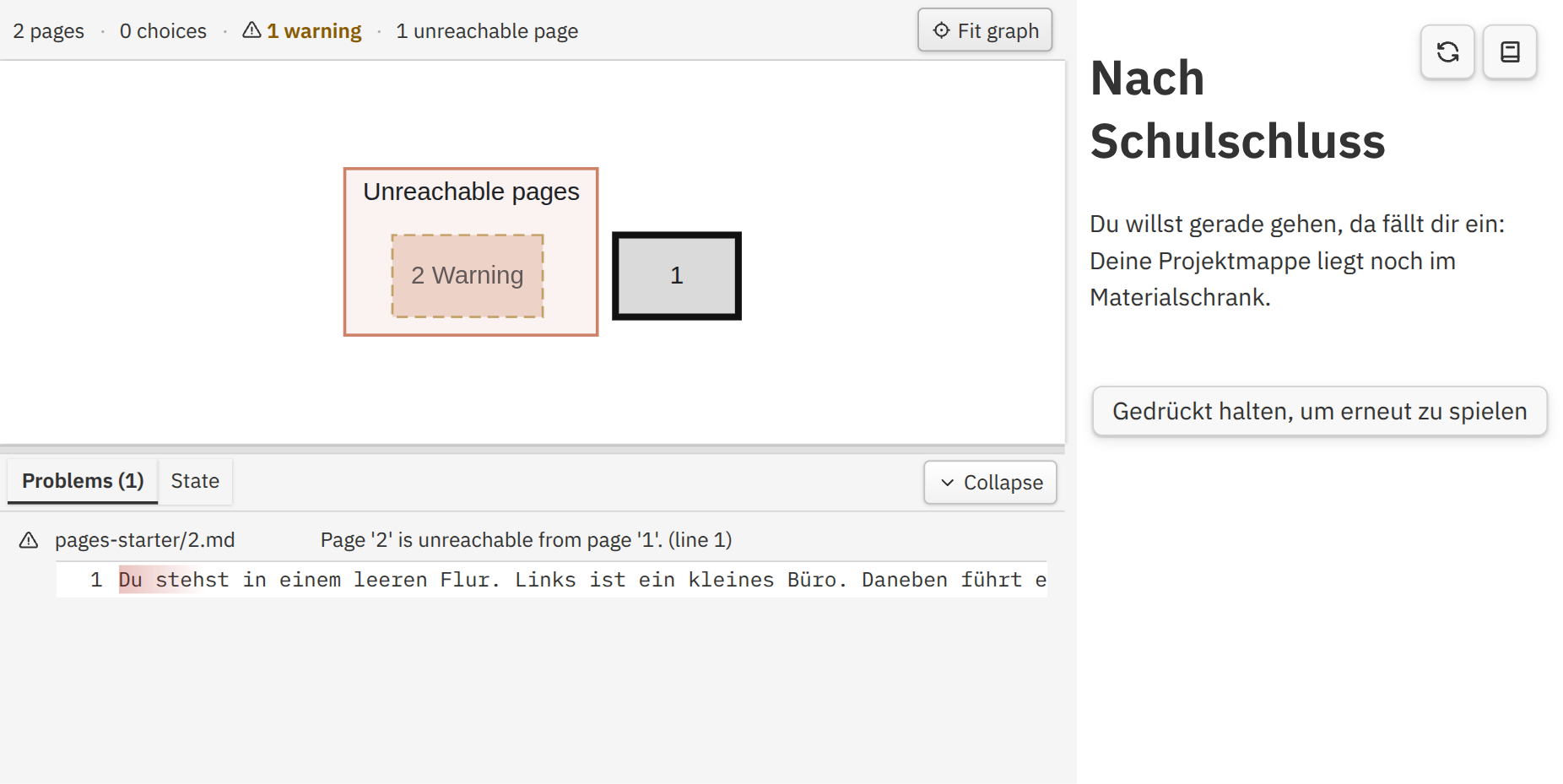 Eine zweite Seite ist im Story-Graph nicht mit der Startseite verbunden und als unerreichbar markiert.