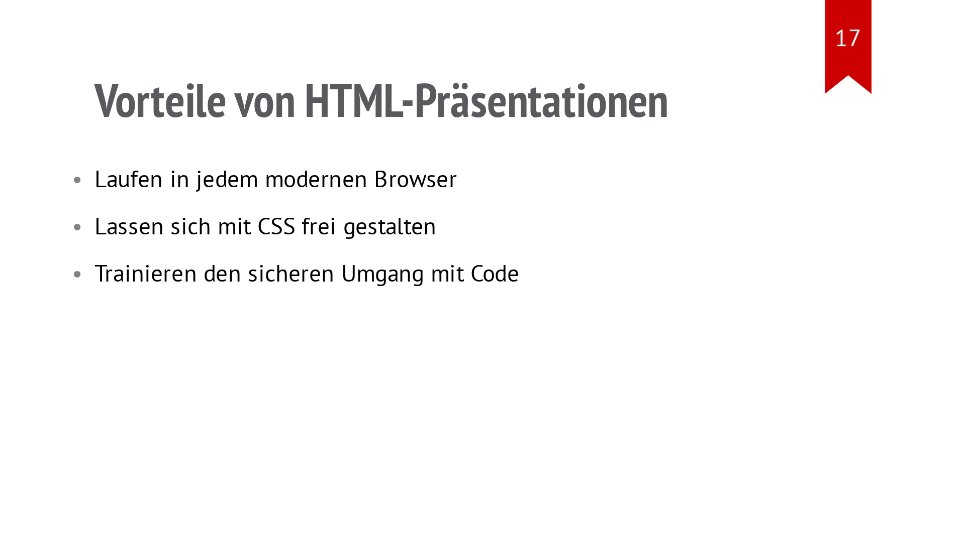 Folie mit vier hervorgehobenen Vorteilen einer HTML-Präsentation.