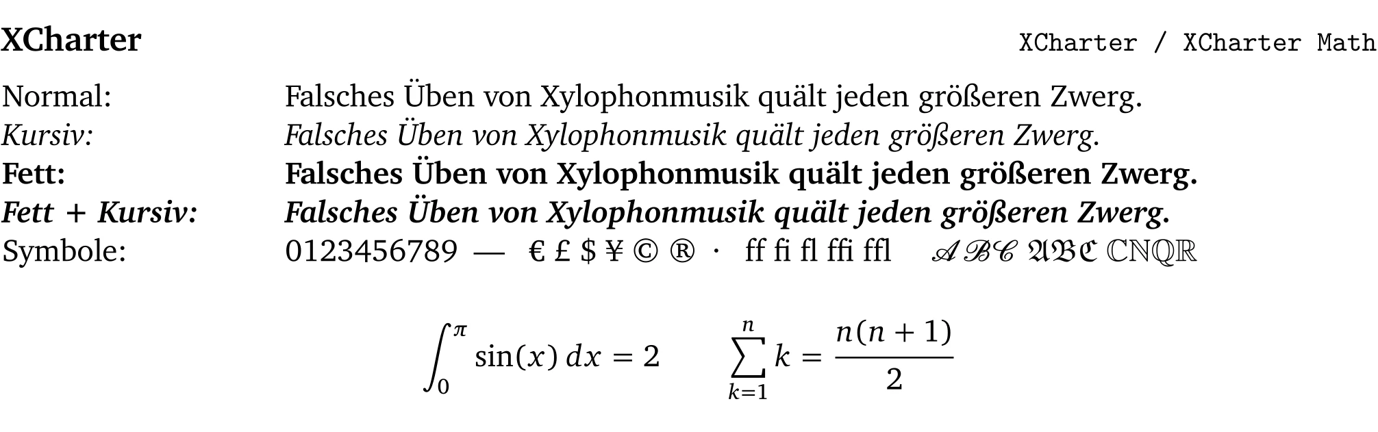 Schriftprobe in XCharter Math mit Fließtext und mathematischen Formeln.