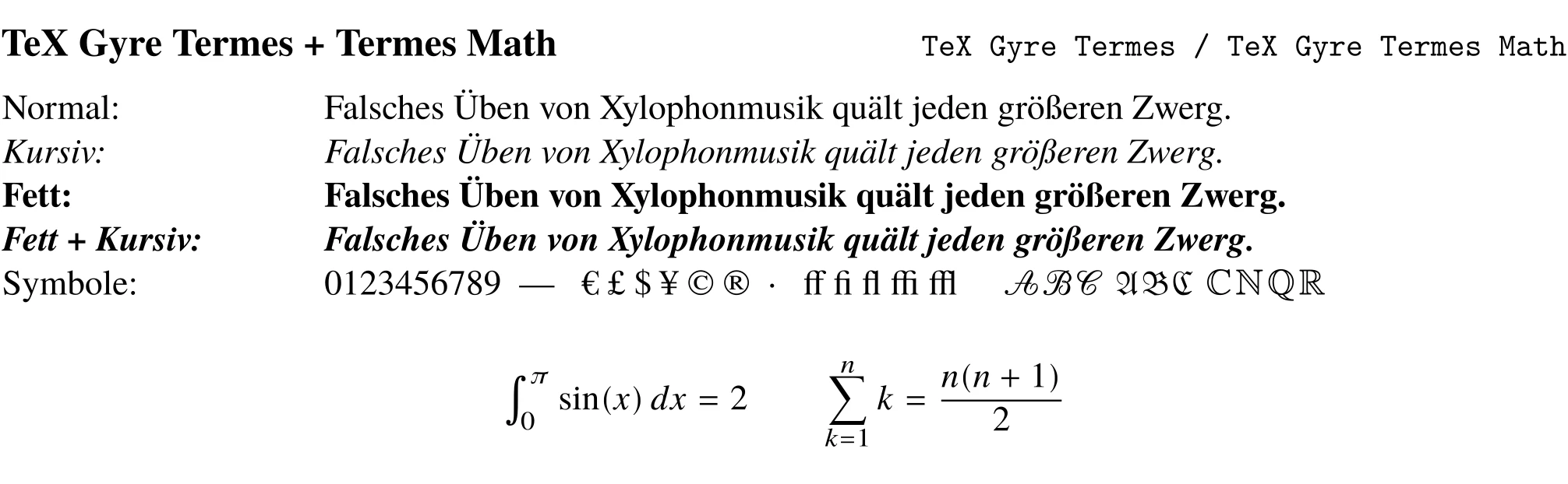 Schriftprobe in TeX Gyre Termes Math mit Fließtext und mathematischen Formeln.