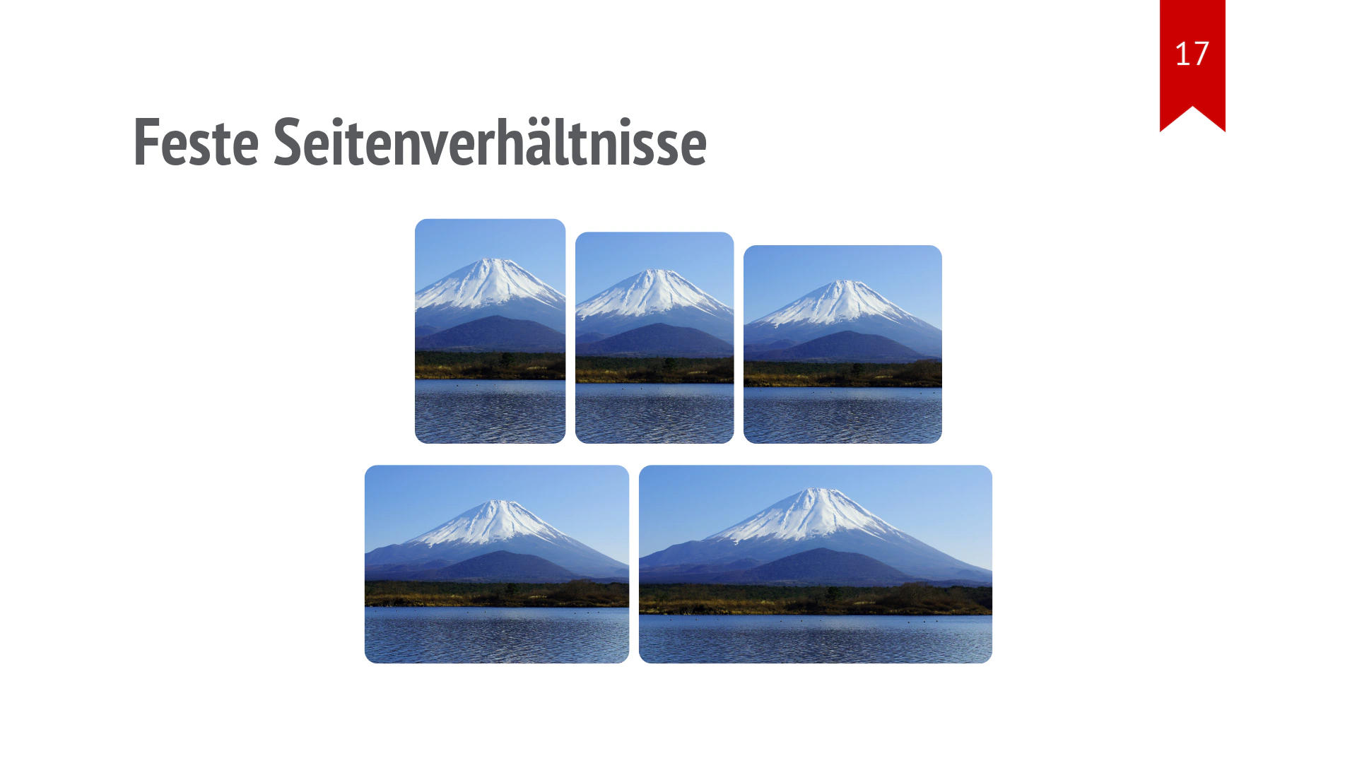 Fünf Fuji-Bildausschnitte vergleichen die Seitenverhältnisse 2:3, 3:4, 1:1, 4:3 und 16:9.