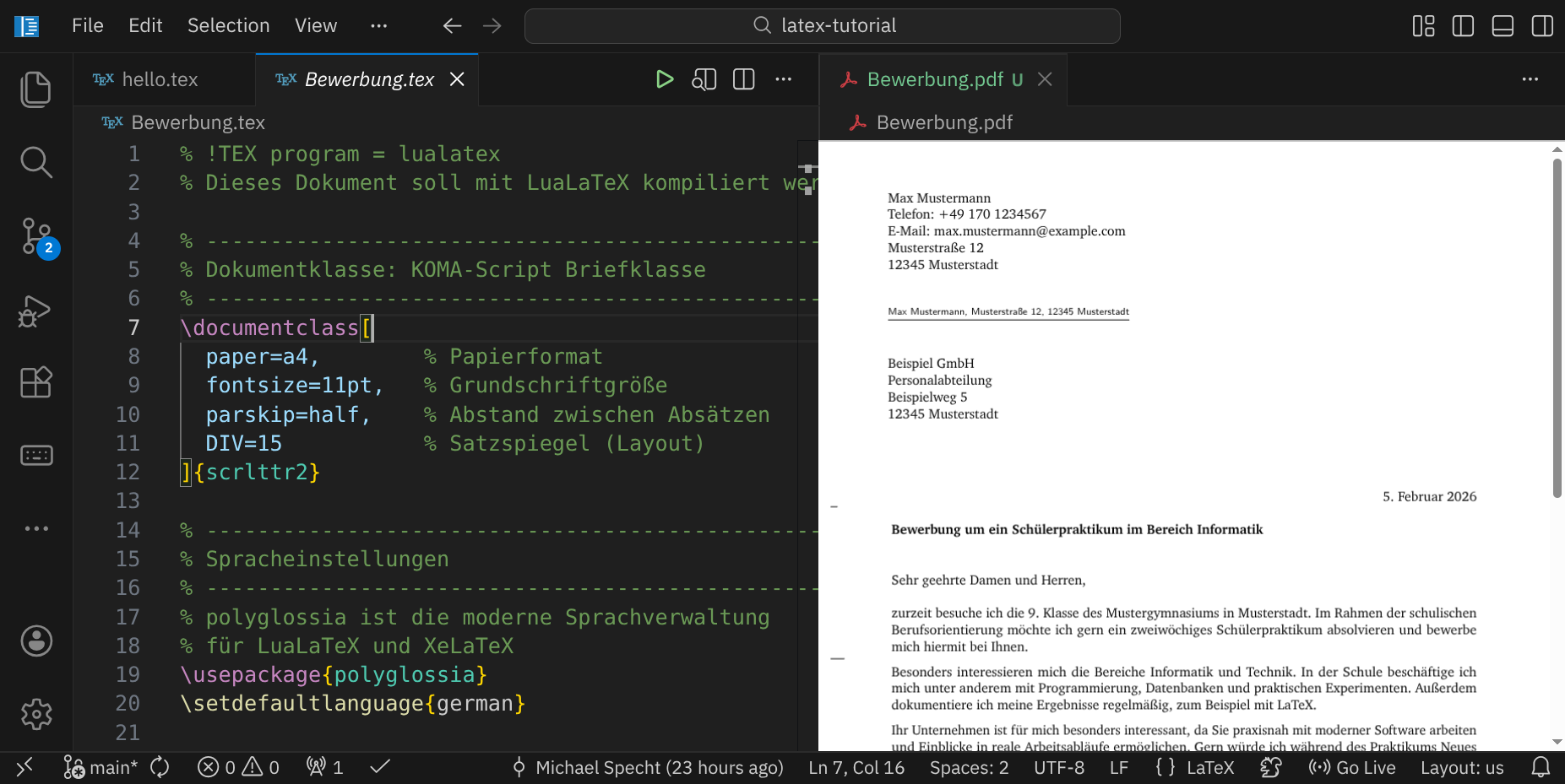 LaTeX-Quelltext und die daraus gesetzte einseitige Bewerbung stehen nebeneinander.