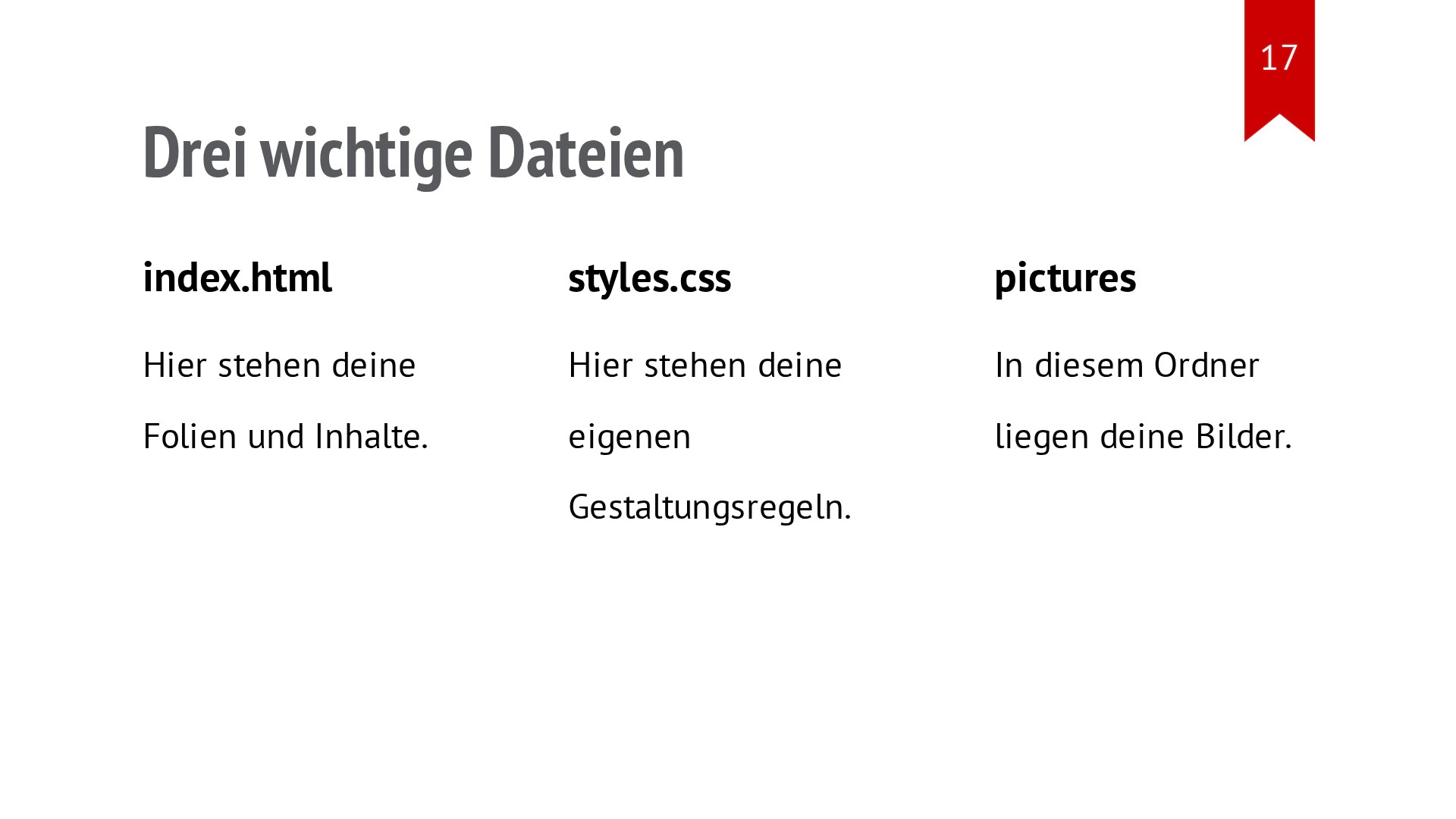 Drei gleich breite Spalten vergleichen HTML, CSS und JavaScript.