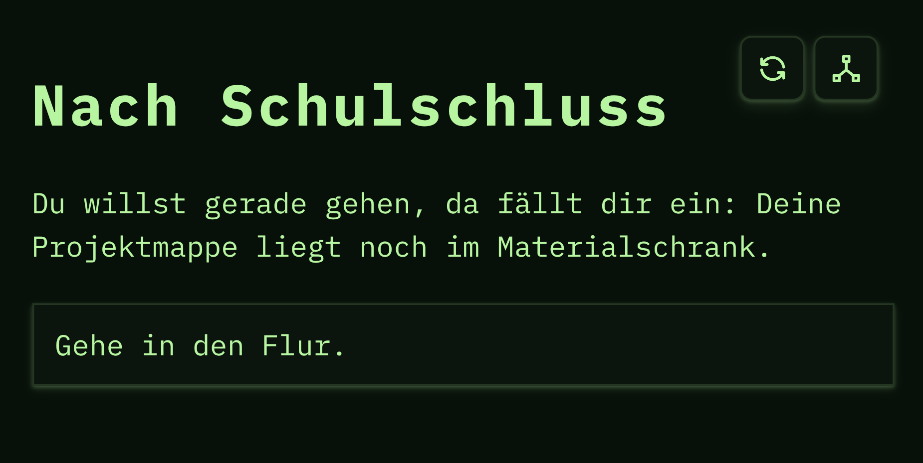 Die Geschichte im schwarzen Ter­mi­nal-Theme mit grüner Monospace-Schrift.