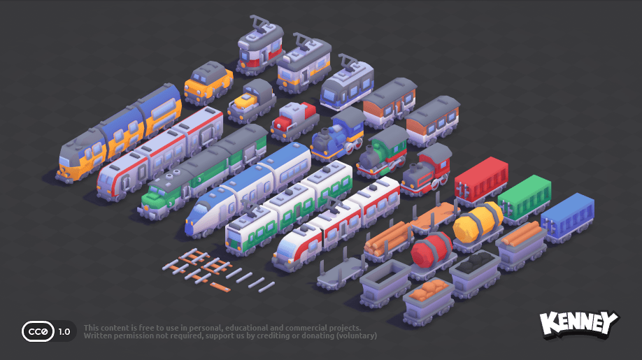 Lokomotiven, Waggons und Schienenstücke des Train Kits.